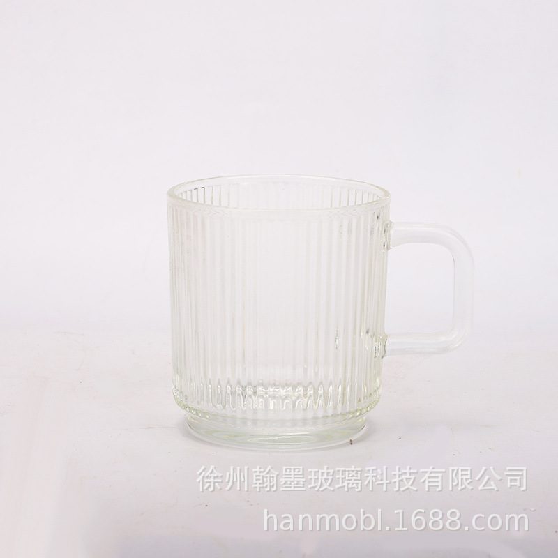 Taza de vidrio a rayas verticales con tapa de madera taza de café casera taza de bebida de leche taza de whisky de alto valor