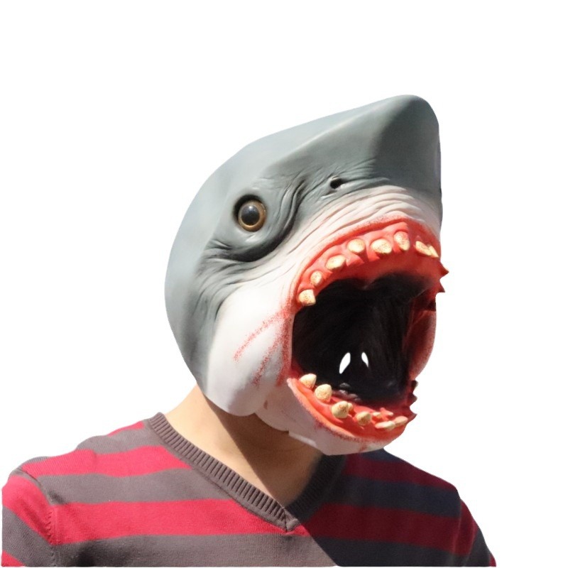 Máscara de tiburón de Halloween tiburón blanco tiburón canibal horror extraño y divertido tocado de látex