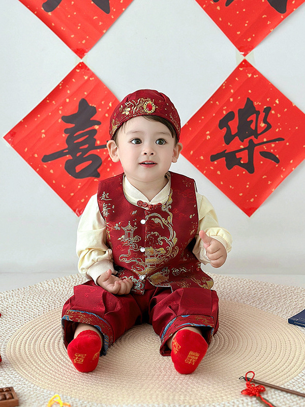 男宝宝周岁礼服婴儿衣服冬装新中式婴幼儿汉服唐装加绒加厚四件套|undefined