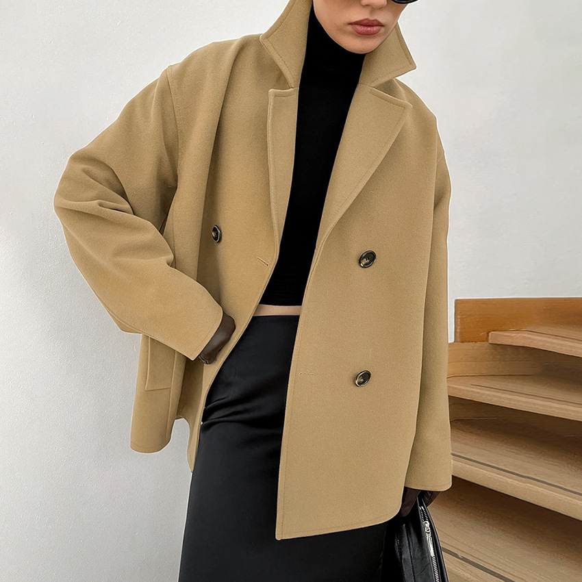 Dameskleding herfst en winter temperament wollen jas halflange losse verdikte bruine dubbele rij knopen wollen jas forensenkleding voor dames_voghion.com