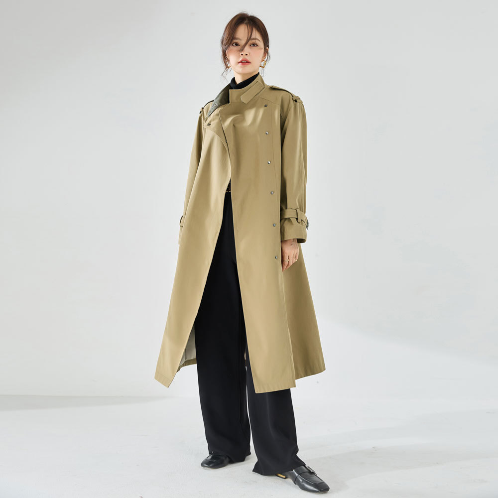 23 Autumn New handsome stand collar hanging down not easy to wrinkle velvet leather commuter leisure long trench coat coat coat 23066