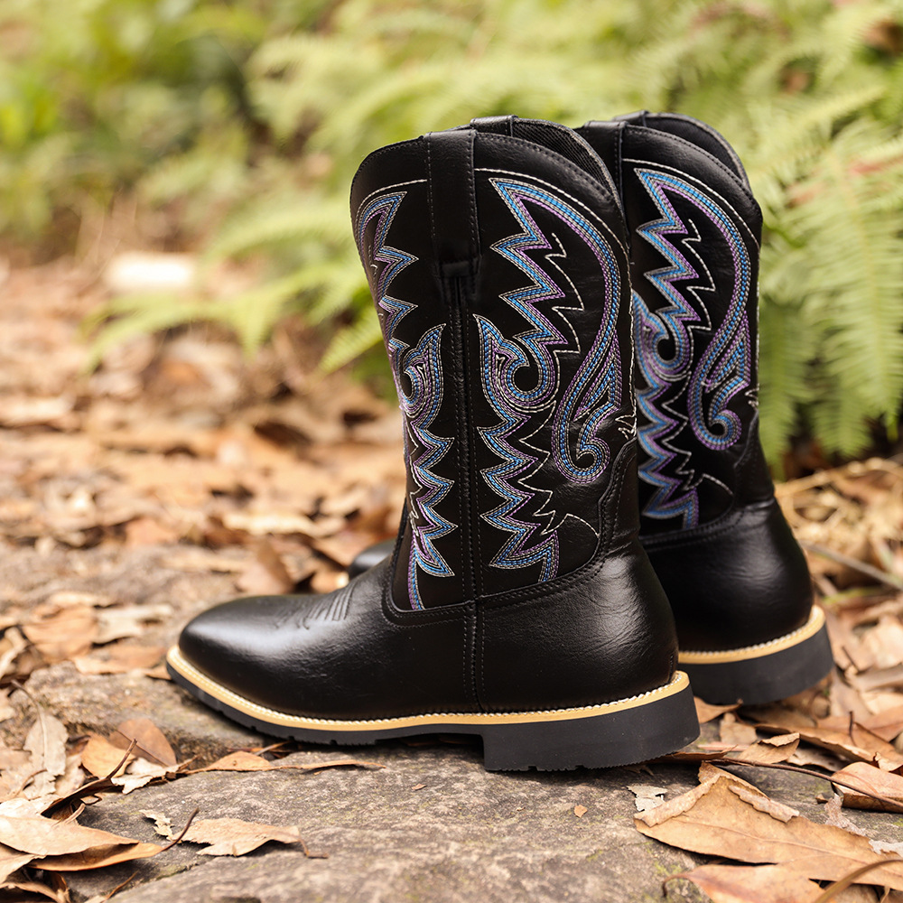 Cizme de cowboy western înalte, brodate, vintage, cu cap lat, pentru bărbați_voghion.com