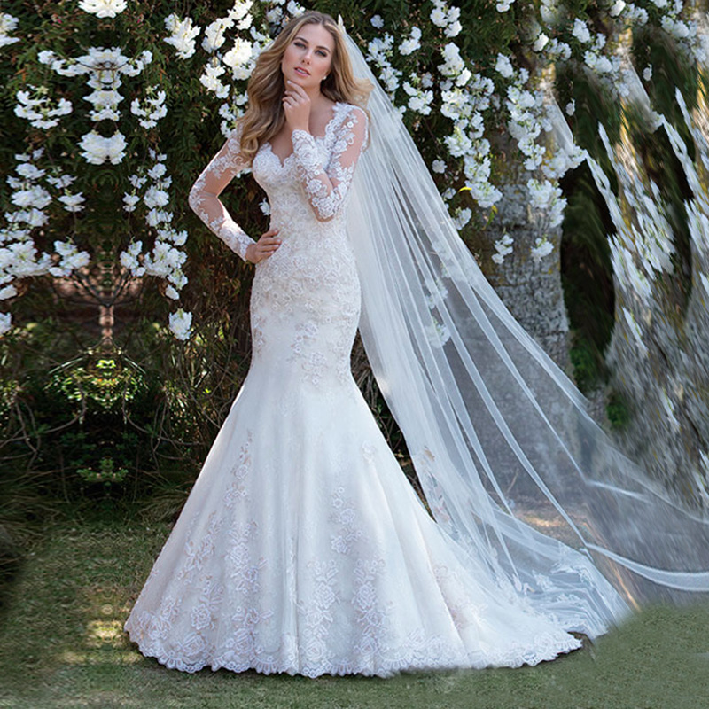 Long-Sleeve Wedding Dress Forest Style 2025 New Simple Deep V-Neck Slim Fishtail Travel Photography Small Train Soft Tulle Slimming