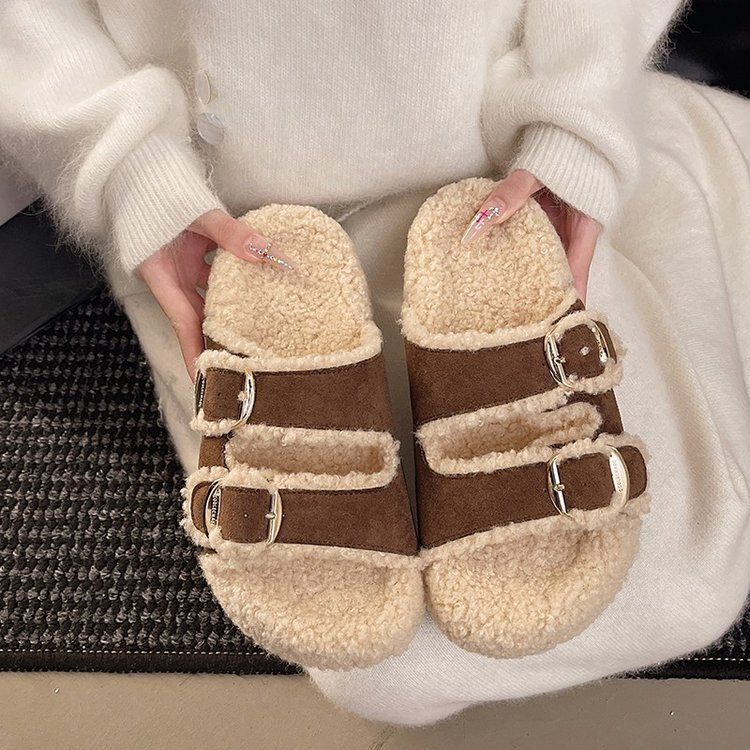毛绒茸茸凉拖鞋女2025新款秋冬厚底羊羔绒毛毛鞋勃肯鞋外穿棉鞋托|undefined