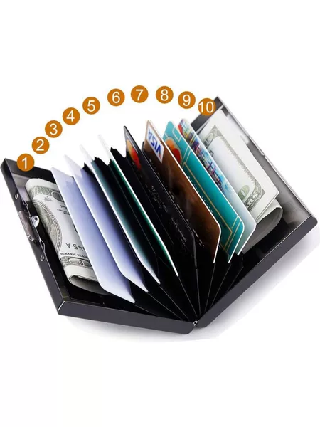Stainless steel accordion card holder, RFID-blocking metal business card case, multi-card slot, driver's license holder, money clip, and business card organizer