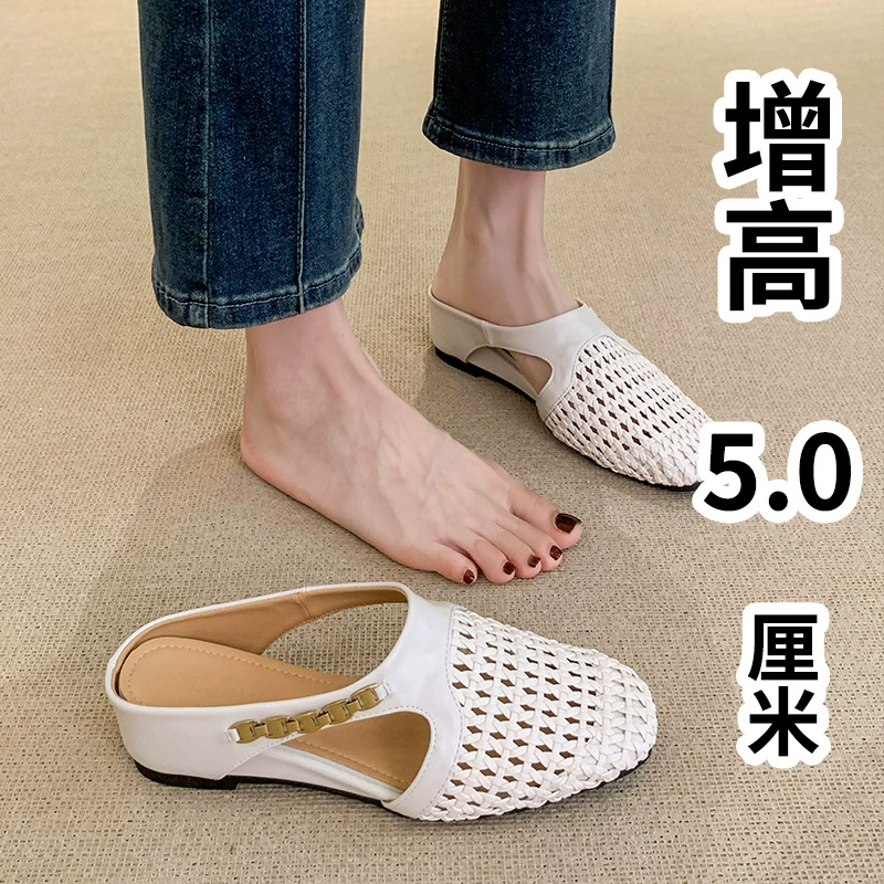 Популярные полутапочки из мягкой кожи с внутренней стороны и плетеным полым носком, с дышащей верхней частью и юбкой, женские сандалии на толстой подошве.