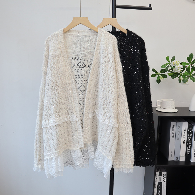 Lace and sequin patchwork sweater jacket, 2026 autumn and winter new design, hollow-out, casual style, knitted cardigan for women, trendy