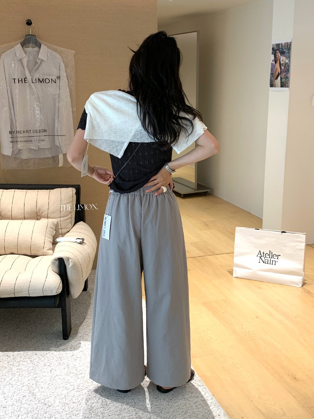 Quần culottes nữ ống rộng cạp cao dáng suông phong cách tối giản — màu đen, Xám cacbon, Xám bạc, màu trắng chi tiết 12