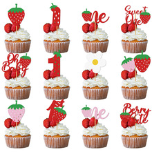 亚马逊新款1周岁生日派对创意草莓金葱纸烘焙蛋糕插旗派对装饰