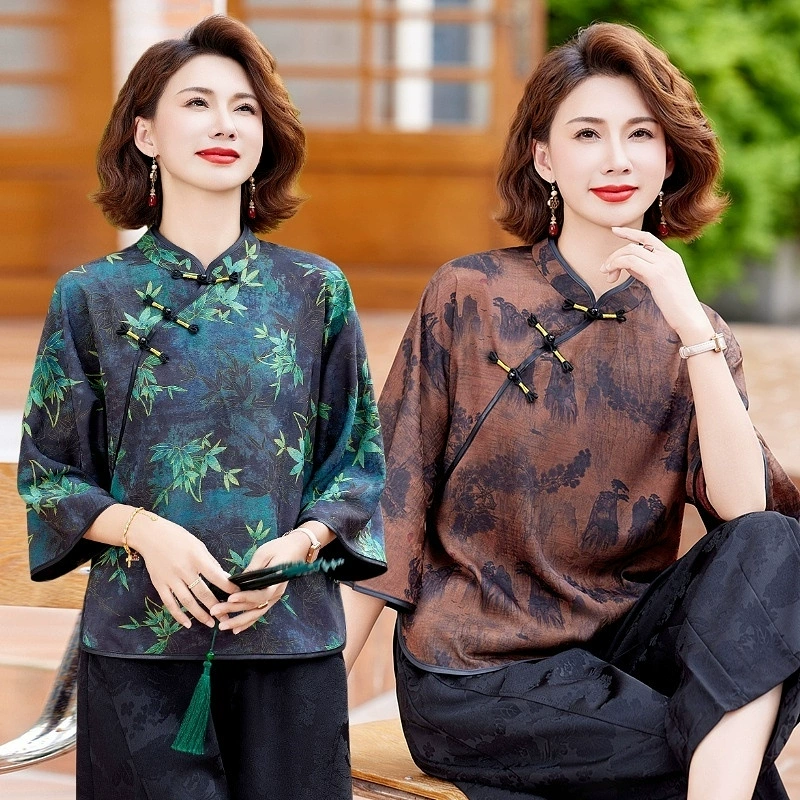 Guo Feng Xiangyun пряжа семь рукавов ретро топ женский 2025 весна и лето новый воротник новый китайский стиль ретро рубашка оптом