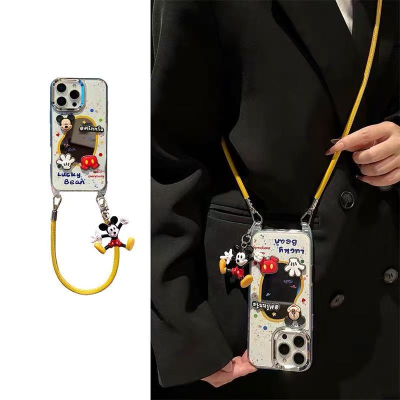 Espejo de viento ins tridimensional Mickey para iPhone16ProMax/15 funda para teléfono móvil 14 Apple 13 cuero diagonal 16