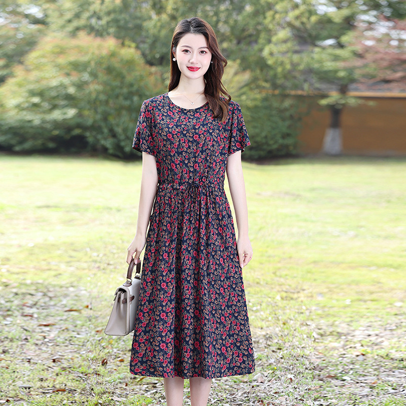 50岁60妈妈夏装棉绸连衣裙中老年圆领短袖大码女士中长款碎花裙子|undefined