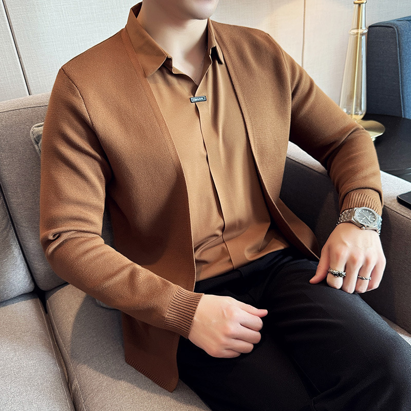 2025 Cross-border Foreign Trade Men's Fake Two-piece Shirt Sweater Knitted Cardigan Personalized Fashion V-neck Jacket for Men