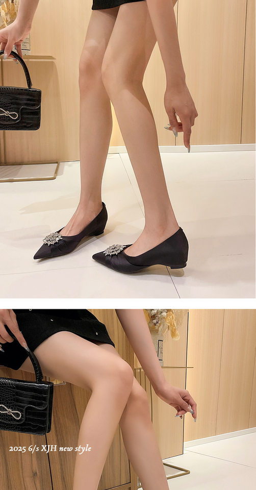 Giày cao gót nữ mũi nhọn chất liệu satin, đế xuồng gót thấp có độn tăng chiều cao bên trong — Màu hồng nude, Màu đen chi tiết 11