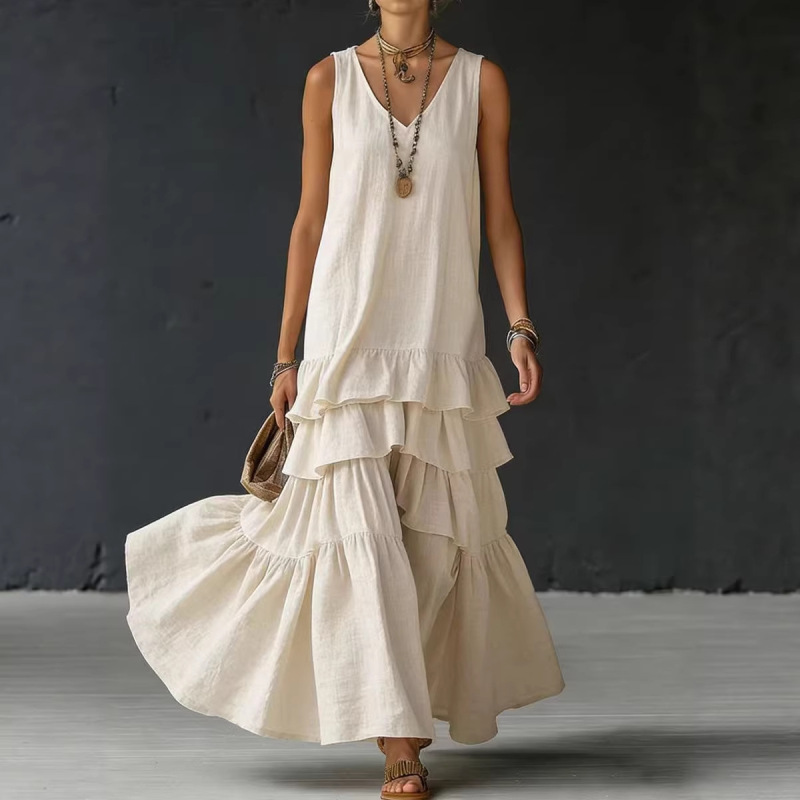 2026 Spring New Collection Amazon Independent Site Cross-Border Solid Color Women's Loose Large Hem Sleeveless Dress