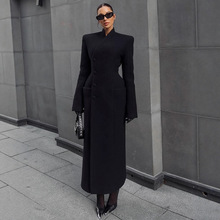 时尚气质高级感收腰纯色立领长款毛呢大衣2025秋冬新款跨境欧美风