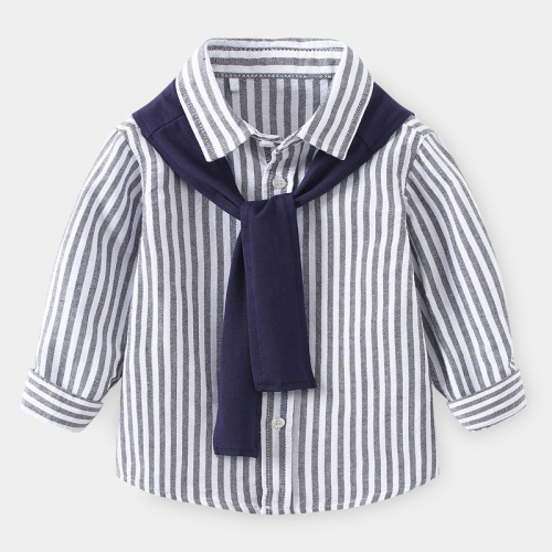 New simple spring and autumn fashion casual boys' long-sleeved shirts comfortable and stylish children's striped tops with shawls