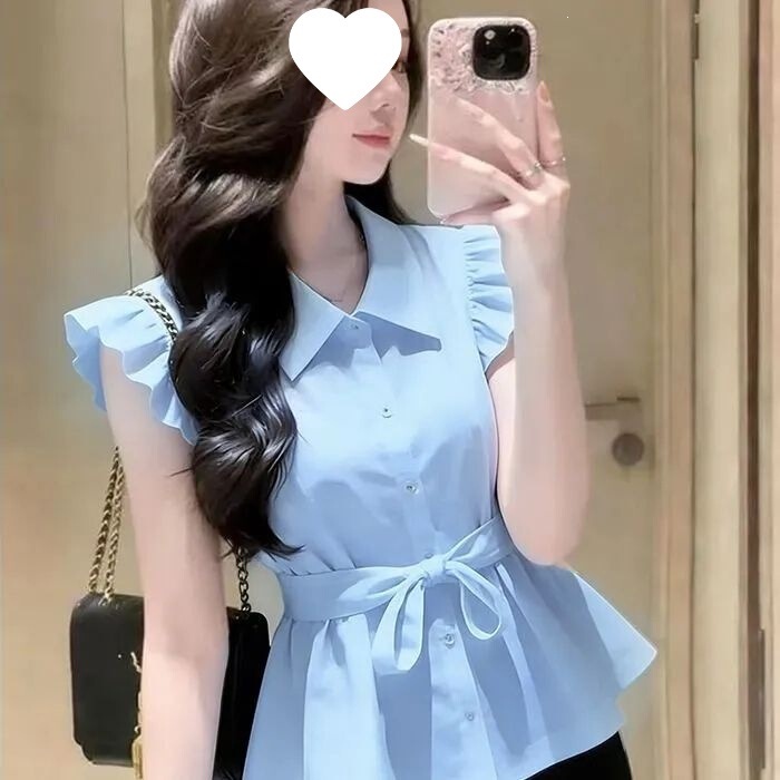 French-Style Pleated Design Thin Sleeveless Shirt for Women, Spring and Summer Loose Sweet Commuter Waist-Cinching Slimming Top