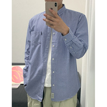 日单 秋新品男女情侣款日系复古牛津纺小格子衬衫长袖衬衣薄外套
