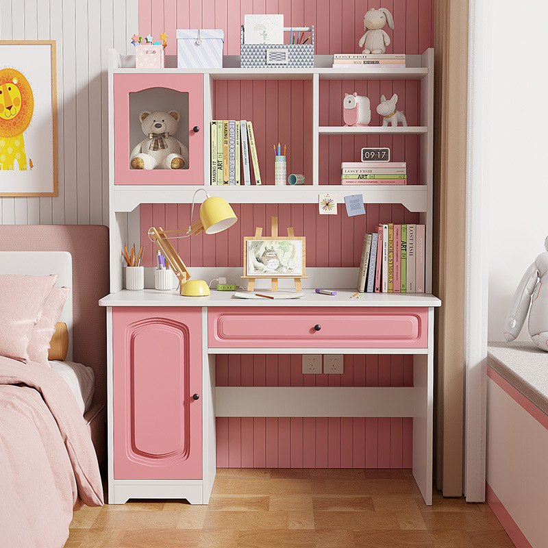 Children's Study Table Home Desk Bookshelf Integrated Table Bedroom Girl Writing Table Student Work Table Chair Set