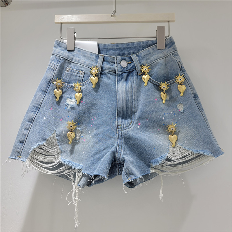 Shorts de Mezclilla con Adorno Metálico Mezclilla y Poliéster Tiro Alto Pierna Ancha para Verano