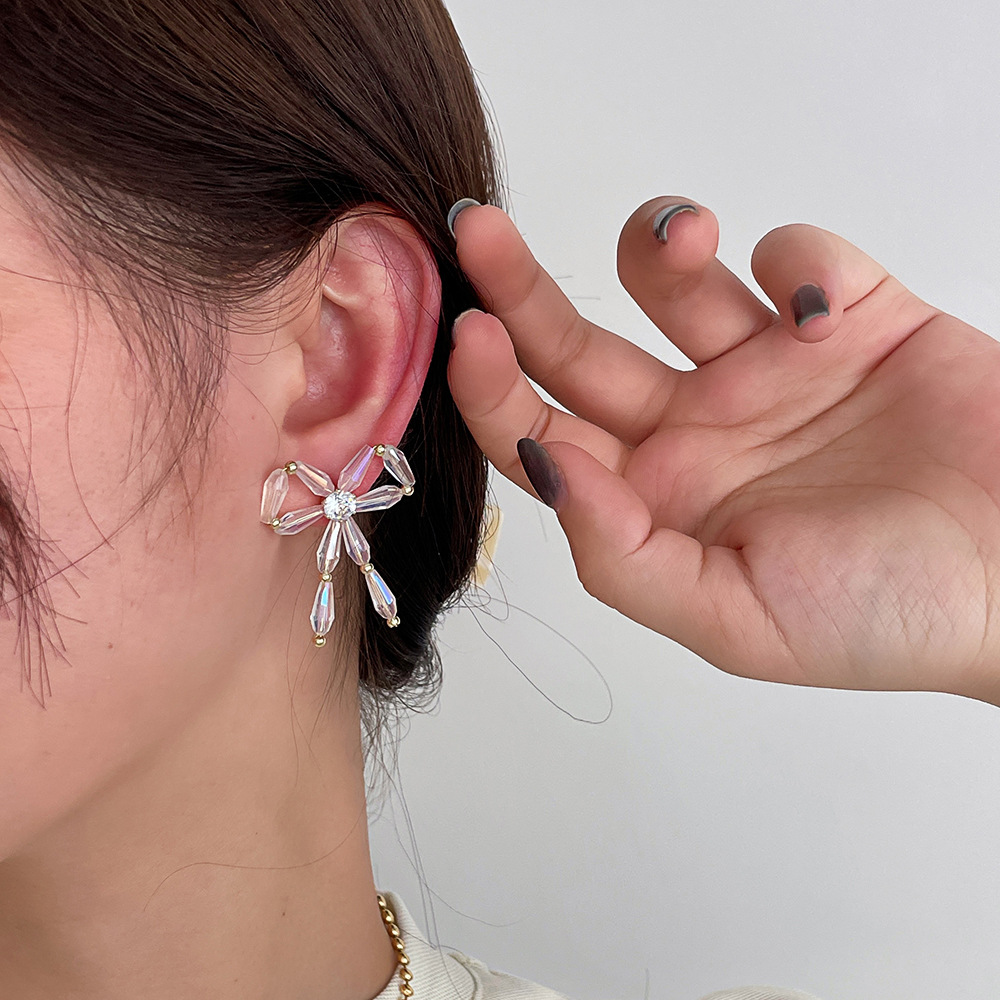 1 Pair Fashion Bow Knot Crystal Beaded Inlay Zircon Womenu0027S Ear Studs