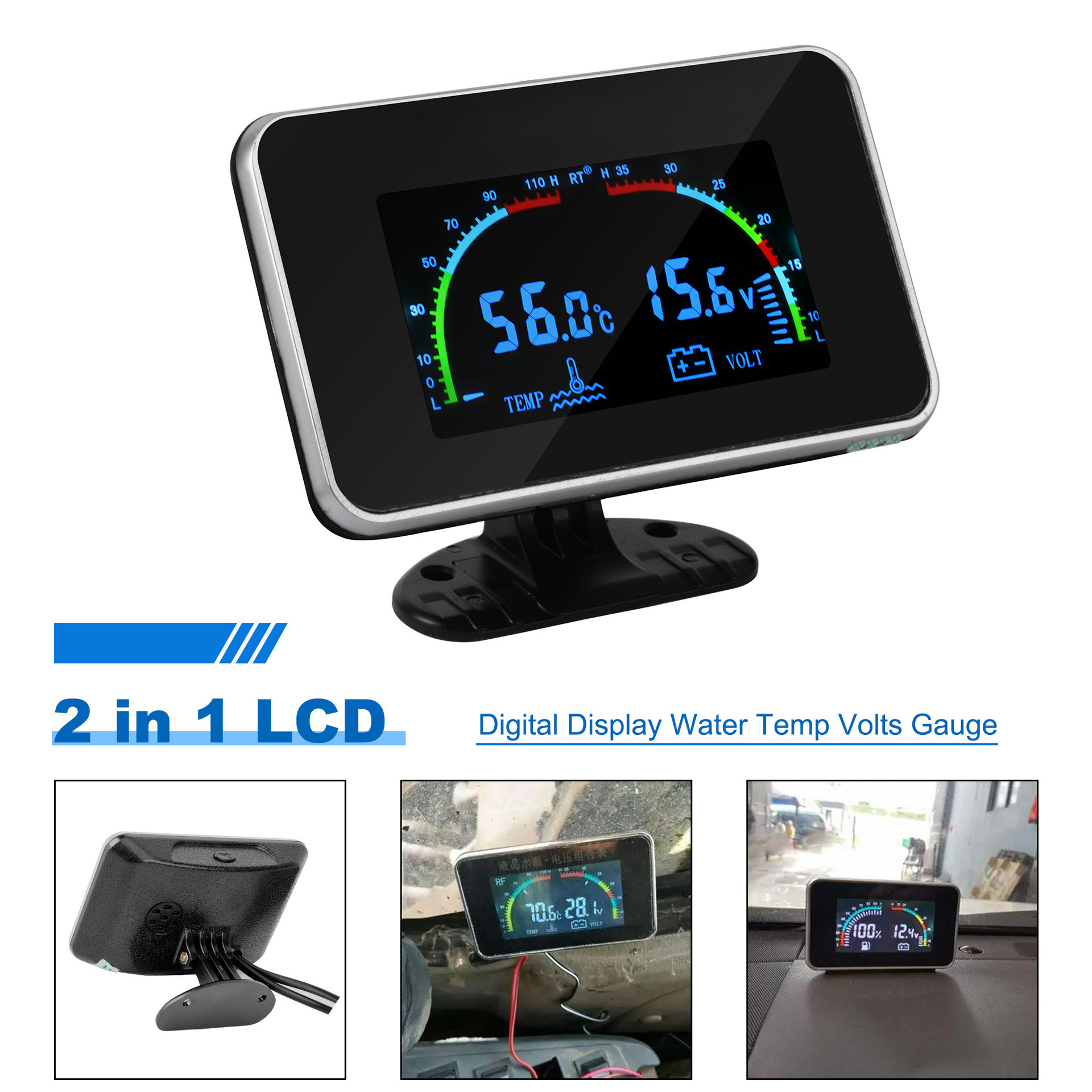 Lcd Display Car Water Temperature and Voltage Two-In-One Combination Meter 12V24V Universal Truck Modification Digital Display Lcd Water Temperature