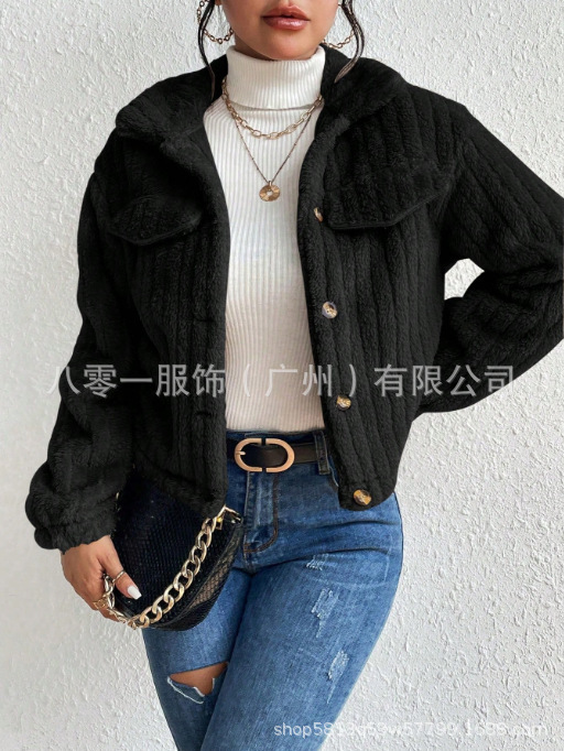 跨境速卖通秋冬毛绒夹克翻领加绒保暖时尚短装加厚女装休闲风外套|undefined