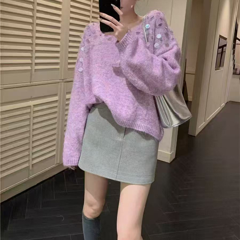 设计感V领亮片针织套头毛衣女2025秋冬新款慵懒风内搭针织上衣女|undefined