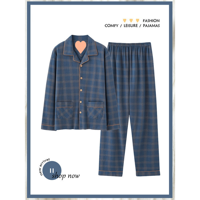 Pure Cotton Pajamas Men's Spring and Autumn Long-Sleeved Suit Pure Cotton Thin Plaid Large Size Can Be Worn Outside Home Clothes