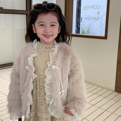 Beishang Korean Edition 2022 Autumn and winter girl leather and fur coat children Western style sweater Lace temperament Children's clothing overcoat