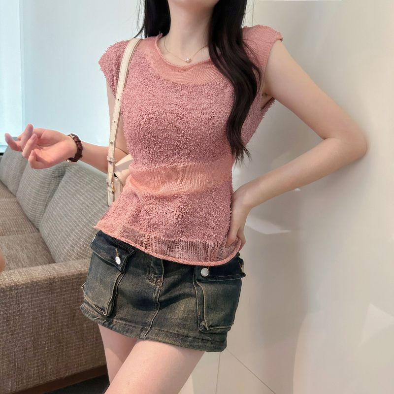Tea-Colored Mesh Knit Top, Ice Silk Blouse for Women, Summer Plus Size, Unique and Beautiful Blouse with Irregular Patchwork