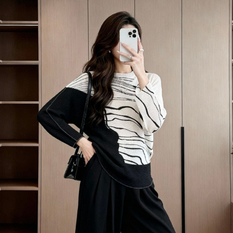 Fashion High-Elasticity Pleated Women's New Ruched Casual Long-Sleeve Slimming Batwing Sleeve Round Neck Top