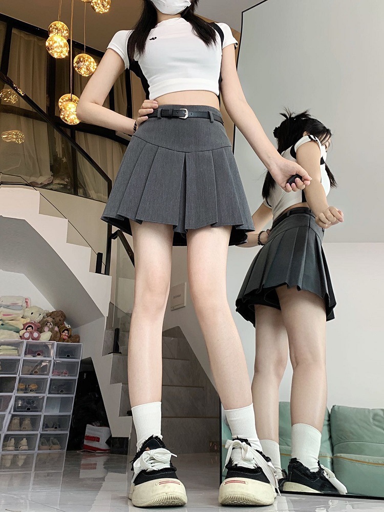 Women's Clothing Gray pleated skirt short skirt small high waist slimming skirt_voghion.com