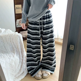 恩光服饰黑色条纹加绒阔腿裤女秋冬2026新款慵懒风高腰休闲直筒裤