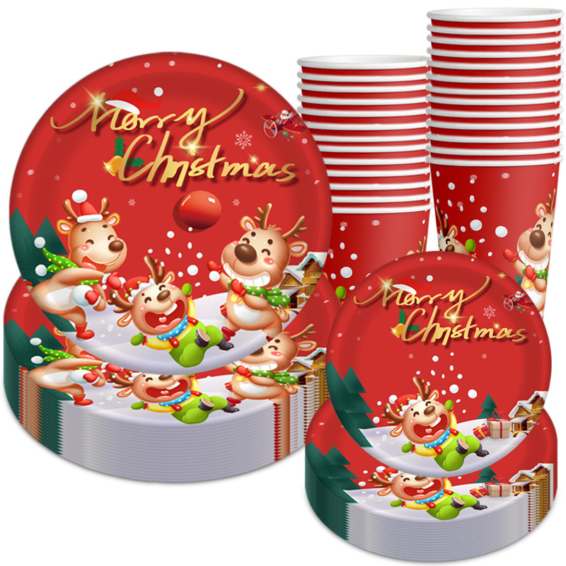 2025クリスマスの新しい紙コップ紙皿ナイフフォークスプーンセットクリスマスヘラジカ紙食器卸売りカスタム|undefined