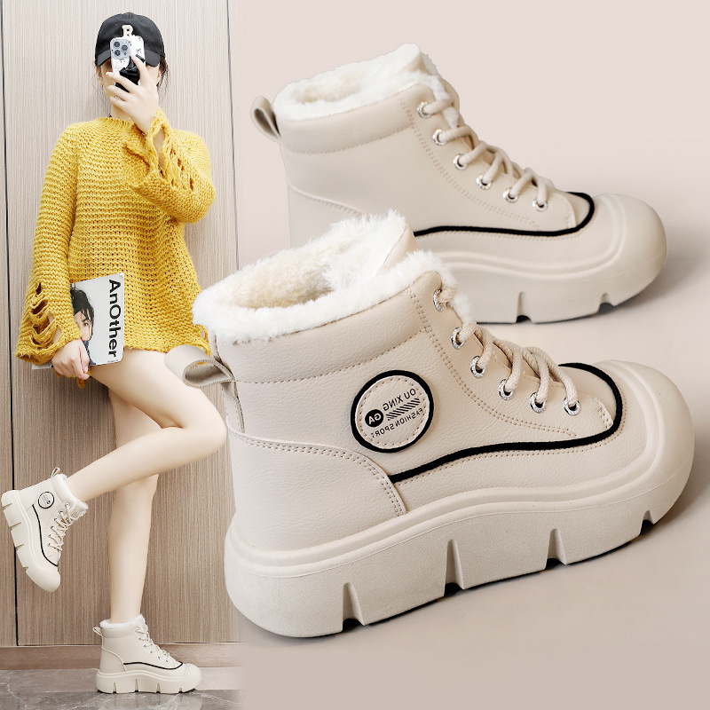Hy616 Neue Herbst/Winter Damen Color Block Baumwollschuhe Warmer High Top Einfach Fleece Dicke Sohle Höhenvergrößerung_voghion.com