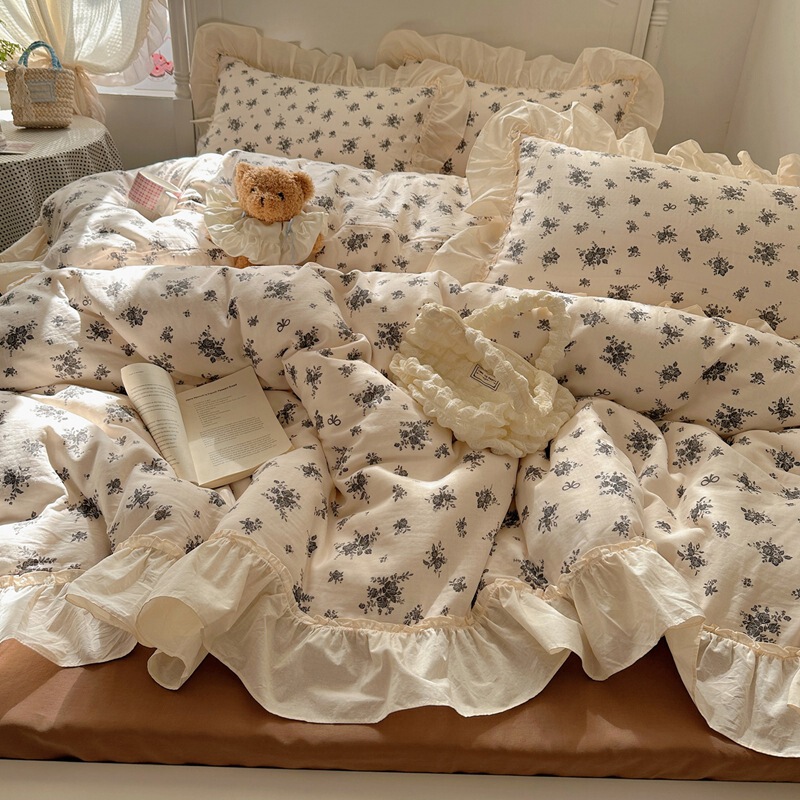 クラスA母子グレードの純綿4点セット、フランス製二重ガーゼ、小花柄、綿100レース寝具|undefined