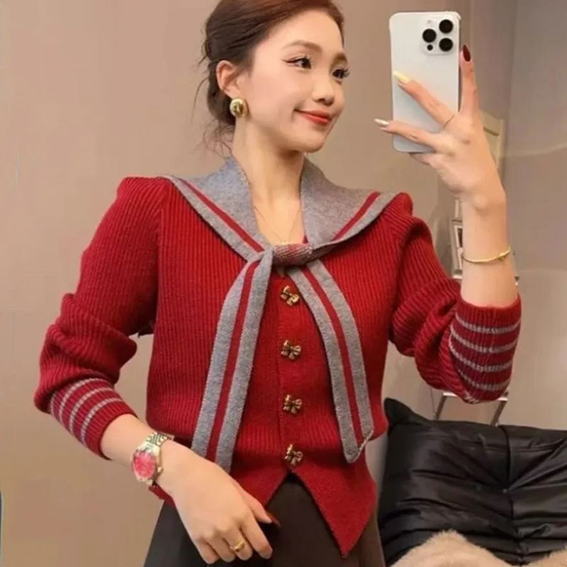 Academy Navy Versatile Knitted Sweater Women's New Fashion Little Chanel Style Bow Cardigan Long Sleeve Slimming Top Trendy