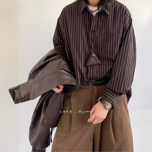 Japanese Retro Uncommon Striped Long-Sleeve Shirt for Men Spring and Autumn Season College INS Boyfriend Style Loose Collar Shirt Top