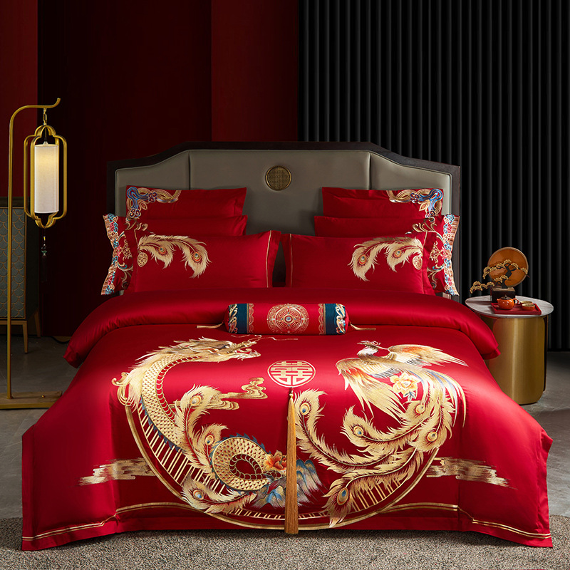 Juego de cuatro piezas de algodón puro para dote de novia, color rojo brillante, funda de edredón bordada totalmente de algodón, sábana de cama de boda, cubrecama, ropa de cama para todas las estaciones.