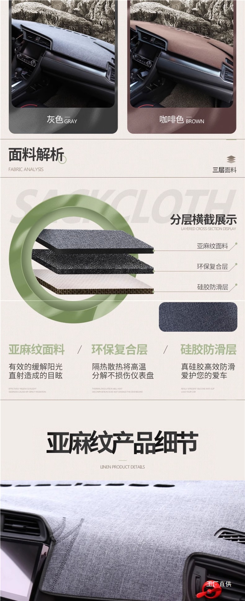 Car Linen Texture Dashboard Sunshade Mat Anti-Slip Dashboard Center Console Mat Interior Modification Sunshade Sun Protection Mat
