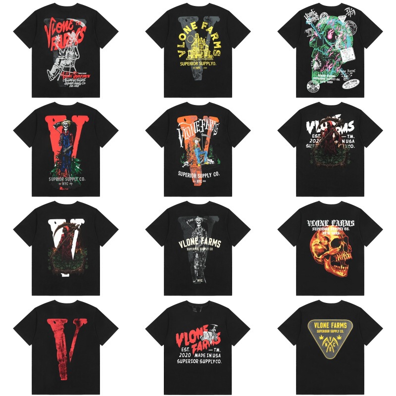 Vlone Fog American Farms Dark Big V Short-Sleeved Men's Ins Summer Vtg Retro T-Shirt Women's High Street Fashion Brand