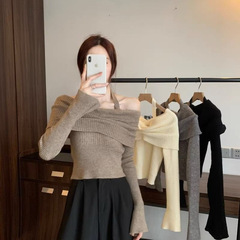 灰色假两件针织打底衫女早秋季内搭短款毛衣miu系小个子秋冬上衣