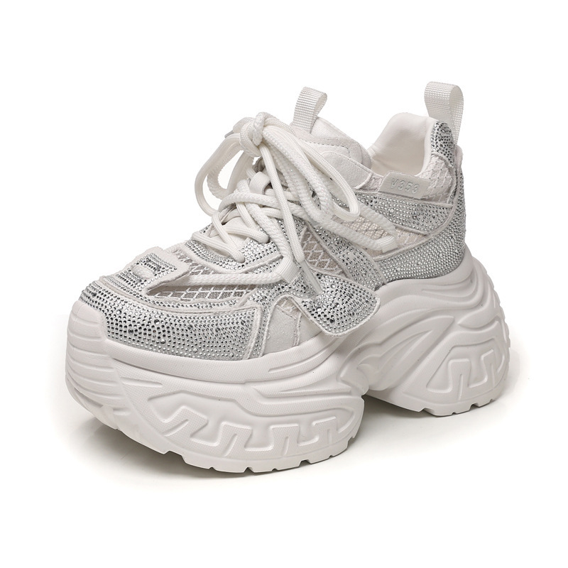 Giày sneaker nữ đế dày tăng chiều cao phong cách thời trang đính đá rhinestone, thoáng khí — màu trắng