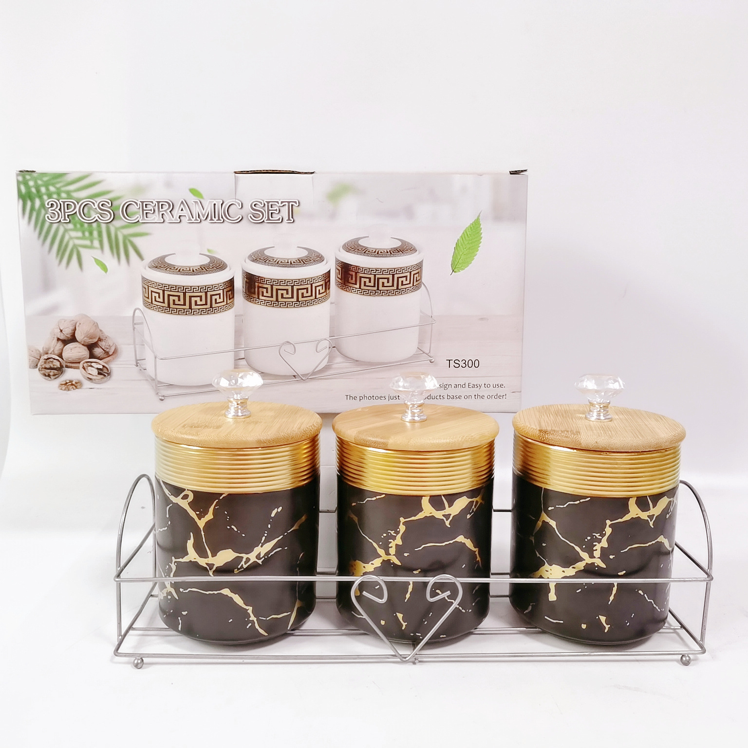 Exportación transfronteriza de almacenamiento de cerámica tarro galvanoplastia sellado tarro cocina condimento tarro con marco de hierro caramelo de almacenamiento tarro traje