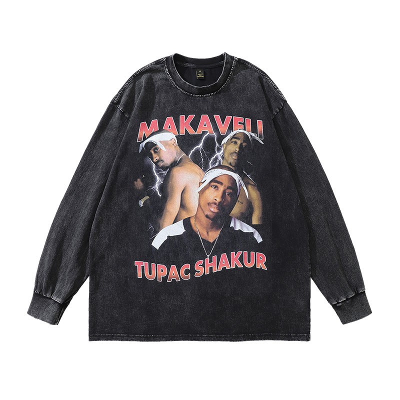 TKPA Streetwear Men's T-Shirt American Hip-Hop Vintage Washed Cotton Youth Loose Long-Sleeve T-Shirt for Men