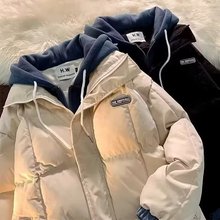 假两件连帽棉衣秋冬款日系简约纯色男装基础百搭休闲防风外套男潮