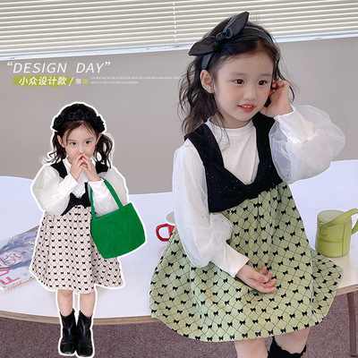 Sweet Children Autumn bow braces skirt suit 2022 New products girl princess Dress suit wholesale