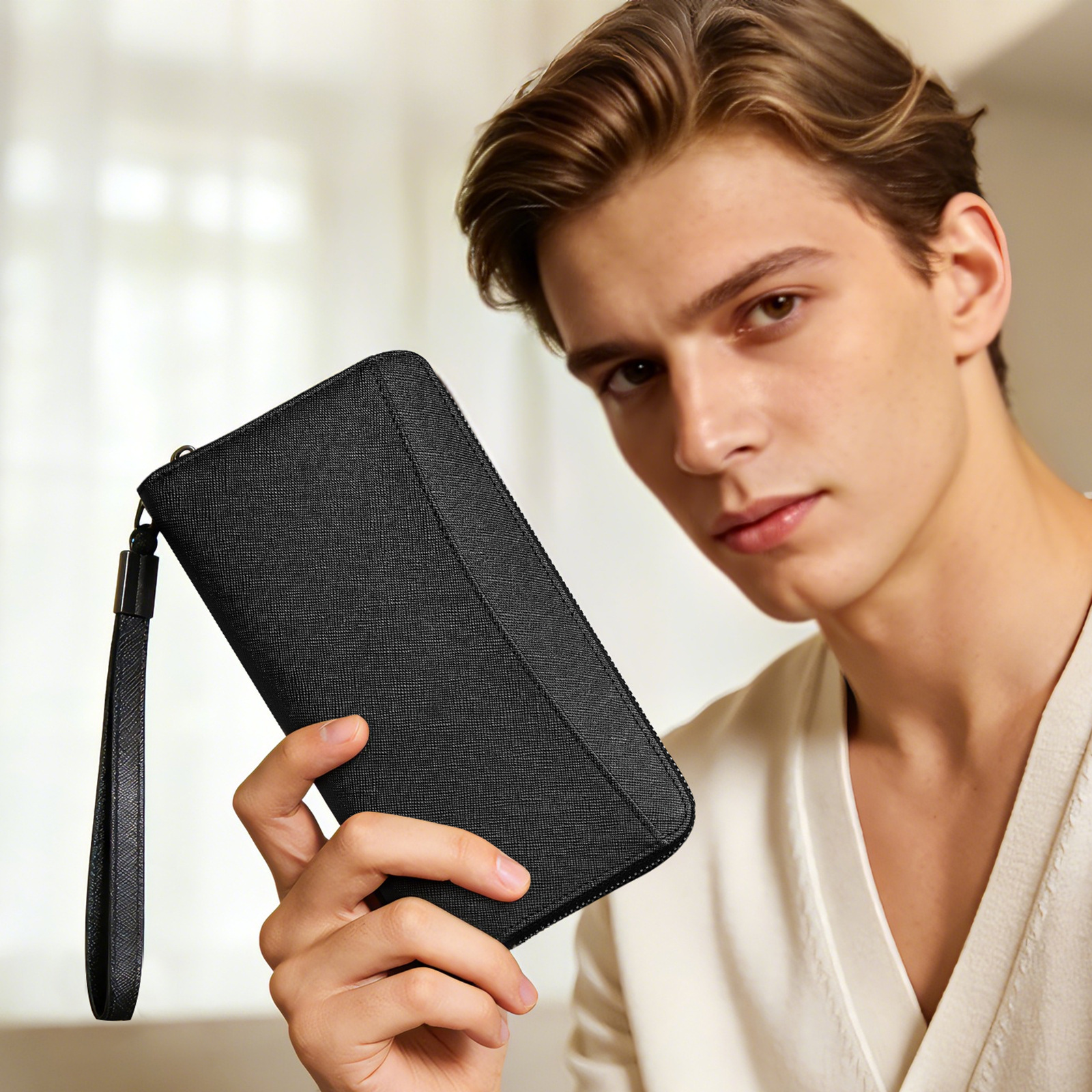 WB Fashion Men's Genuine Top Layer Cowhide Leather Clutch Bag Simple Long Wallet Business Travel Handbag In Black Brown_voghion.com